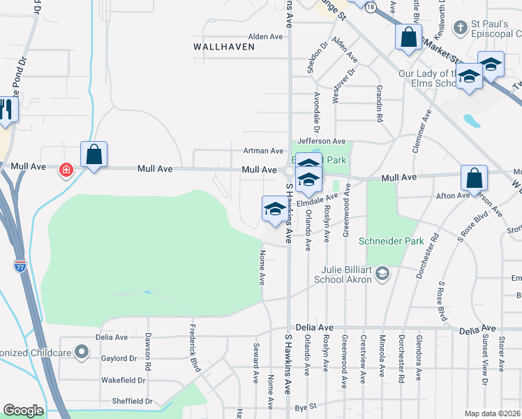 map of restaurants, bars, coffee shops, grocery stores, and more near 630 Mull Avenue in Akron