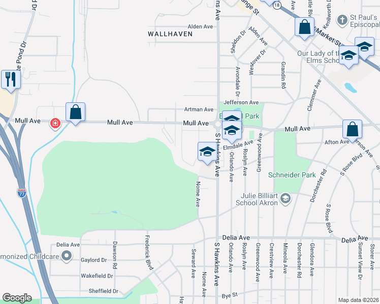 map of restaurants, bars, coffee shops, grocery stores, and more near 630 Mull Avenue in Akron