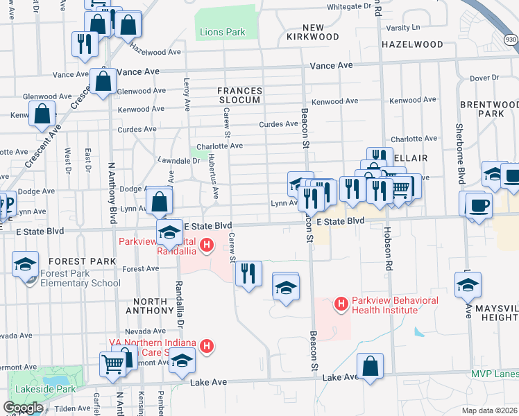 map of restaurants, bars, coffee shops, grocery stores, and more near 2508 Dodge Avenue in Fort Wayne