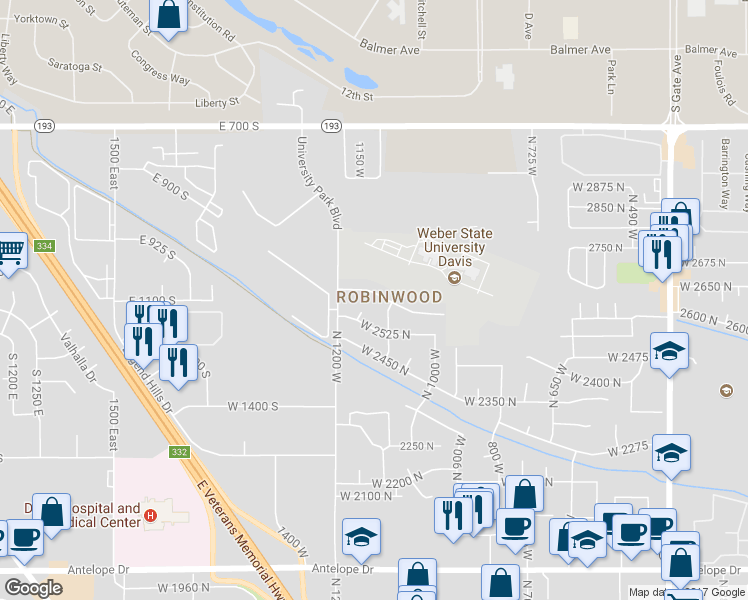 map of restaurants, bars, coffee shops, grocery stores, and more near 1125 West 2600 North in Layton
