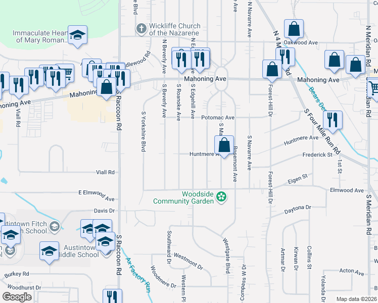 map of restaurants, bars, coffee shops, grocery stores, and more near 141 South Roanoke Avenue in Youngstown