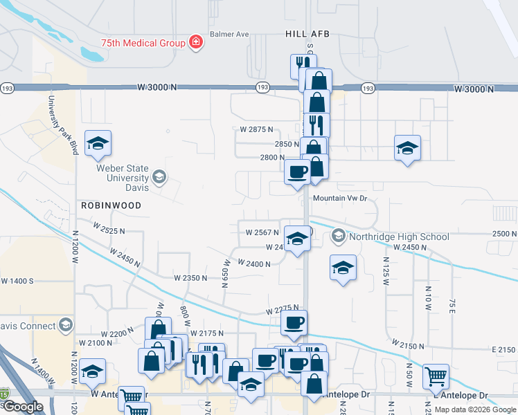 map of restaurants, bars, coffee shops, grocery stores, and more near 2567 North Hill Field Road in Layton