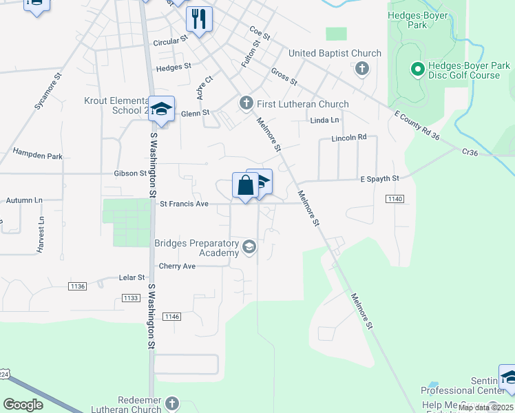 map of restaurants, bars, coffee shops, grocery stores, and more near 190 Saint Francis Avenue in Tiffin