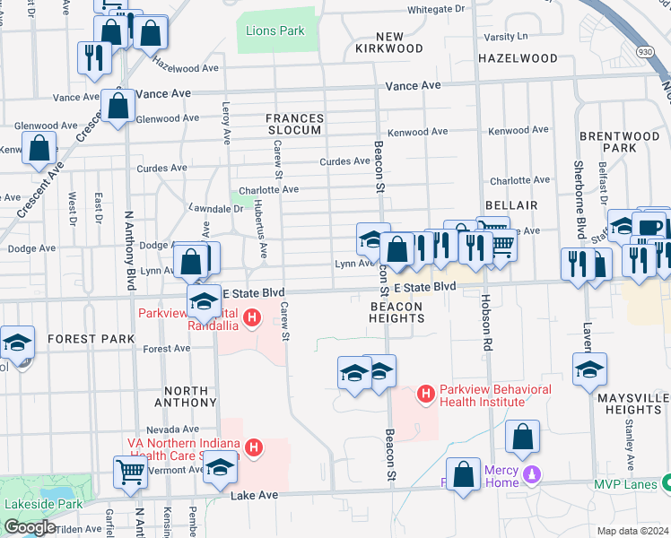 map of restaurants, bars, coffee shops, grocery stores, and more near 2602 Lynn Avenue in Fort Wayne