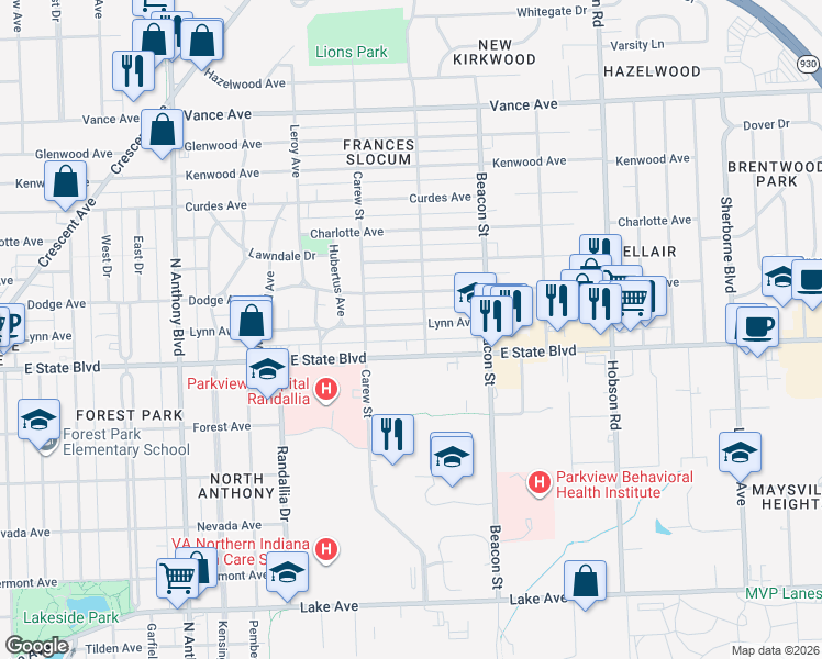 map of restaurants, bars, coffee shops, grocery stores, and more near 2508 Dodge Avenue in Fort Wayne