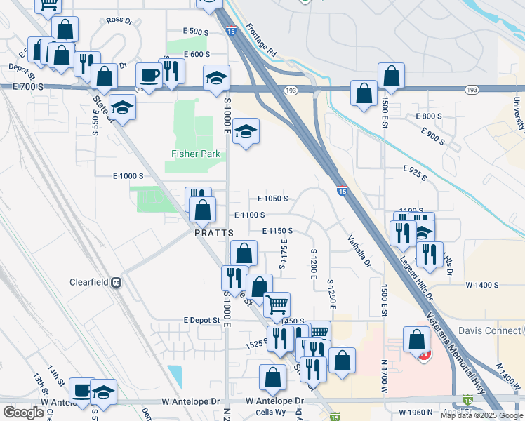 map of restaurants, bars, coffee shops, grocery stores, and more near 1125 East 1100 South in Clearfield