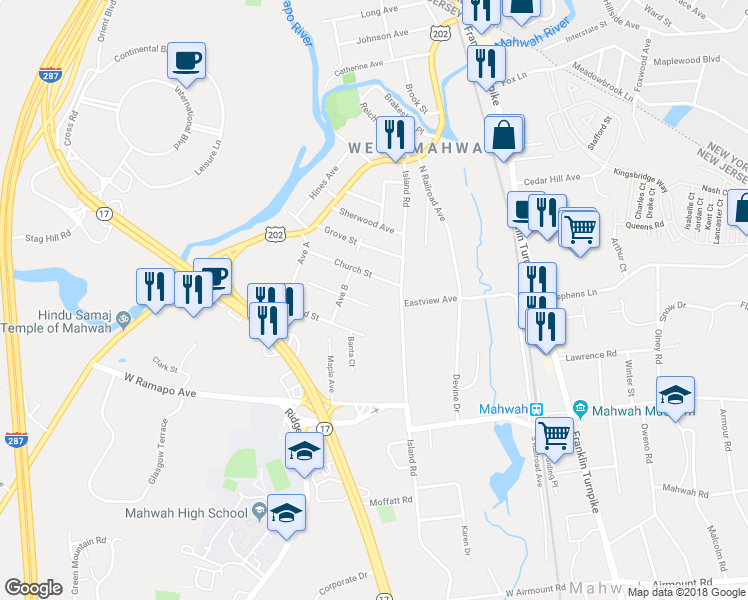 map of restaurants, bars, coffee shops, grocery stores, and more near 115 2nd Street in Mahwah