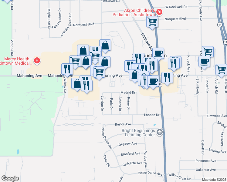 map of restaurants, bars, coffee shops, grocery stores, and more near 5805 Mahoning Avenue in Youngstown