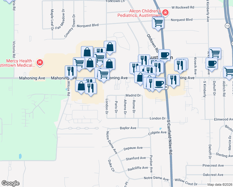 map of restaurants, bars, coffee shops, grocery stores, and more near 5805 Mahoning Avenue in Youngstown