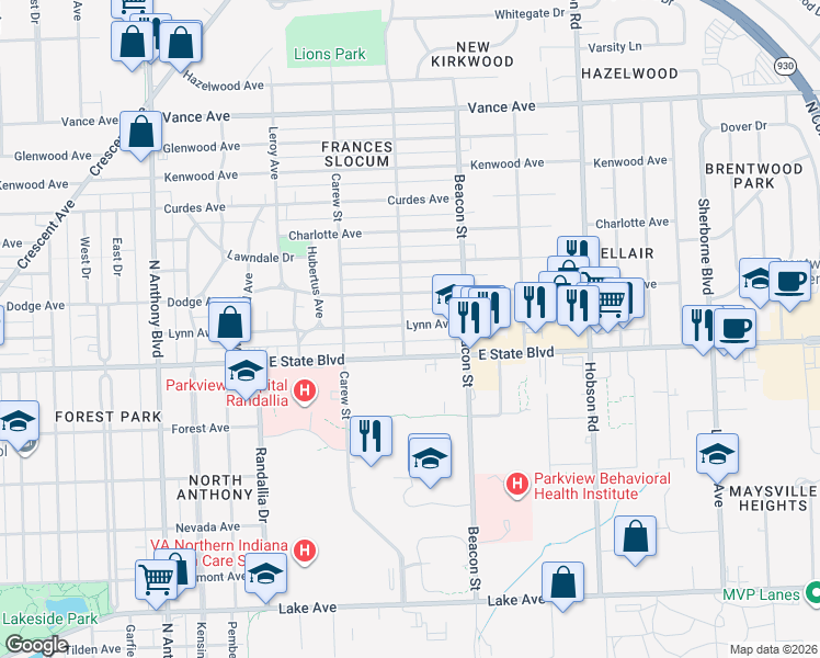 map of restaurants, bars, coffee shops, grocery stores, and more near 2613 Lynn Avenue in Fort Wayne