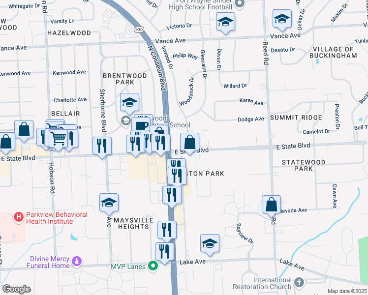 map of restaurants, bars, coffee shops, grocery stores, and more near 2410 N Coliseum Blvd in Fort Wayne