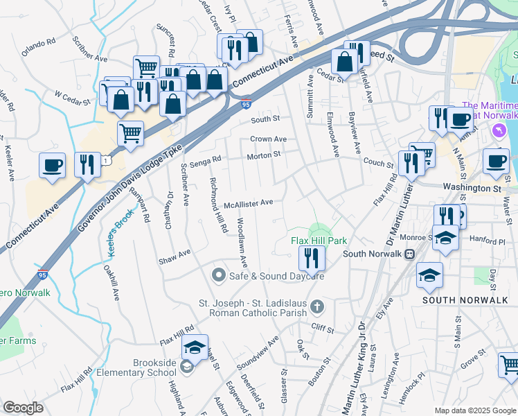 map of restaurants, bars, coffee shops, grocery stores, and more near 27 McAllister Avenue in Norwalk