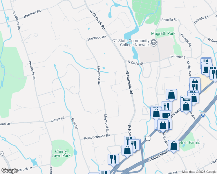 map of restaurants, bars, coffee shops, grocery stores, and more near 76 Maywood Road in Norwalk
