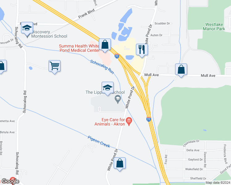 map of restaurants, bars, coffee shops, grocery stores, and more near 710 White Pond Drive in Akron