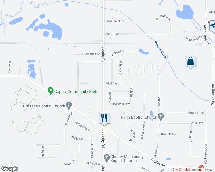map of restaurants, bars, coffee shops, grocery stores, and more near 1249 Jacoby Road in Akron