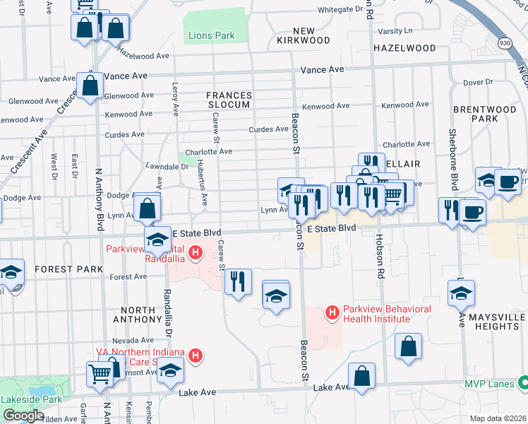 map of restaurants, bars, coffee shops, grocery stores, and more near 2613 Lynn Avenue in Fort Wayne