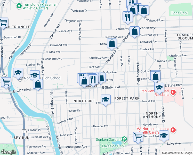 map of restaurants, bars, coffee shops, grocery stores, and more near 1302 Dodge Avenue in Fort Wayne