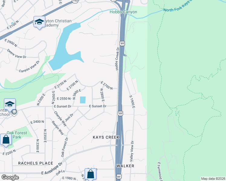 map of restaurants, bars, coffee shops, grocery stores, and more near 2872 East 2700 North in Layton