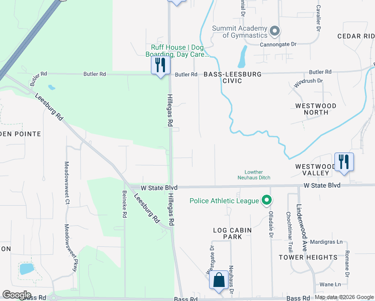 map of restaurants, bars, coffee shops, grocery stores, and more near 2519 Washington Court in Fort Wayne