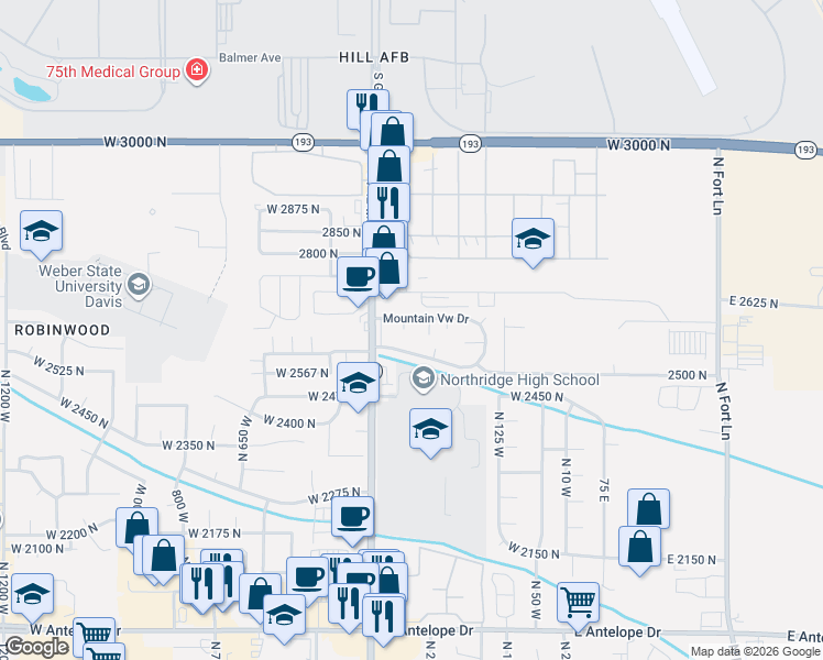 map of restaurants, bars, coffee shops, grocery stores, and more near 7 West 2650 North in Layton
