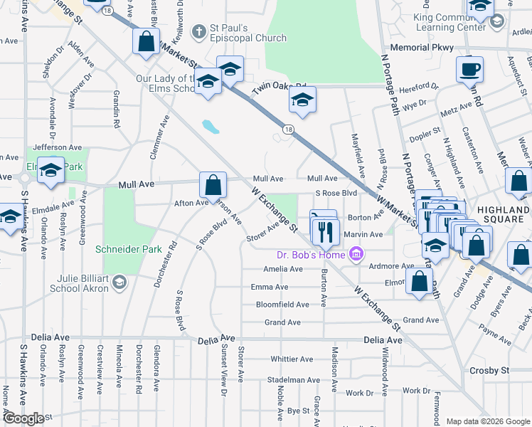 map of restaurants, bars, coffee shops, grocery stores, and more near 197 South Rose Boulevard in Akron