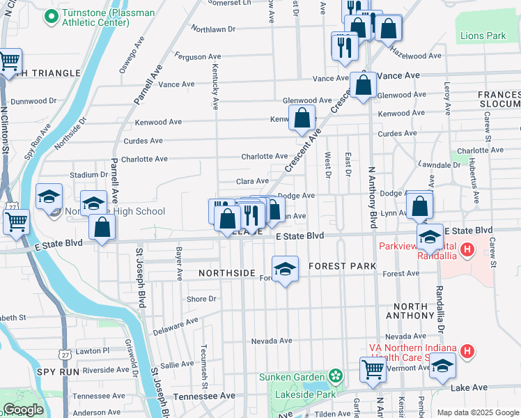 map of restaurants, bars, coffee shops, grocery stores, and more near 1302 Dodge Avenue in Fort Wayne