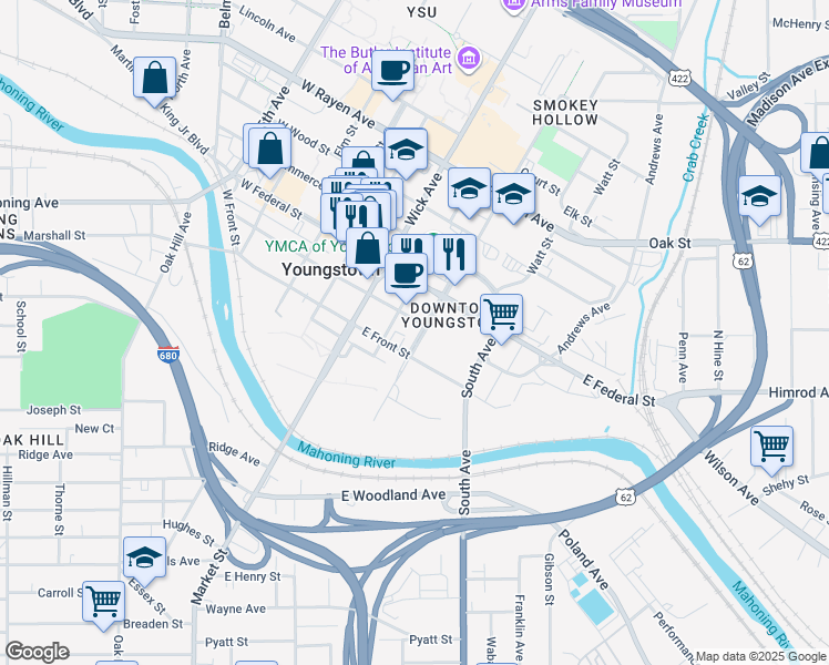 map of restaurants, bars, coffee shops, grocery stores, and more near 103 South Champion Street in Youngstown