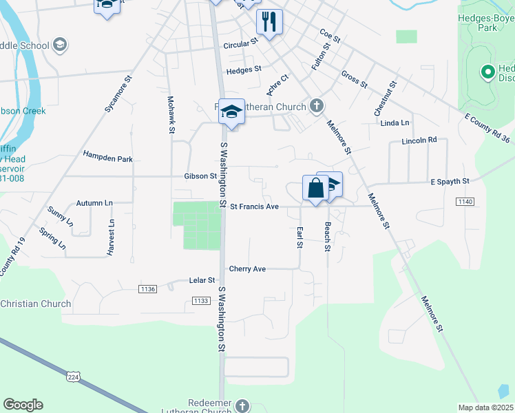 map of restaurants, bars, coffee shops, grocery stores, and more near 67 Saint Francis Avenue in Tiffin