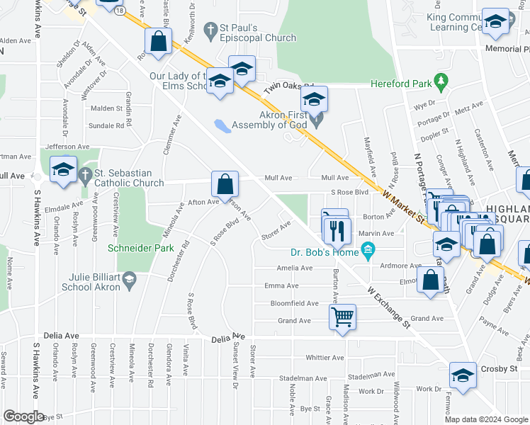 map of restaurants, bars, coffee shops, grocery stores, and more near 215 South Rose Boulevard in Akron