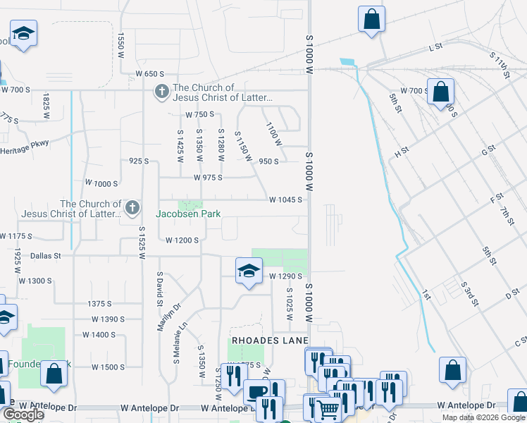 map of restaurants, bars, coffee shops, grocery stores, and more near 1162 West 1100 South in Clearfield