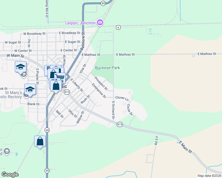 map of restaurants, bars, coffee shops, grocery stores, and more near 611 Prospect Street in Leipsic