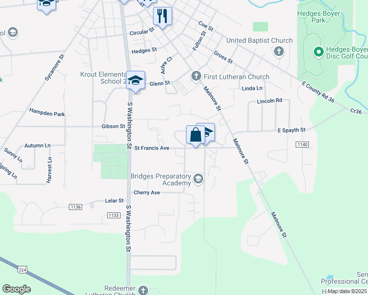 map of restaurants, bars, coffee shops, grocery stores, and more near 149 Saint Francis Avenue in Tiffin