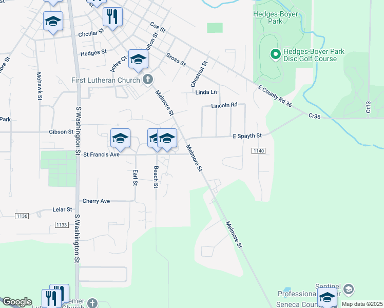 map of restaurants, bars, coffee shops, grocery stores, and more near 496 Melmore Street in Tiffin