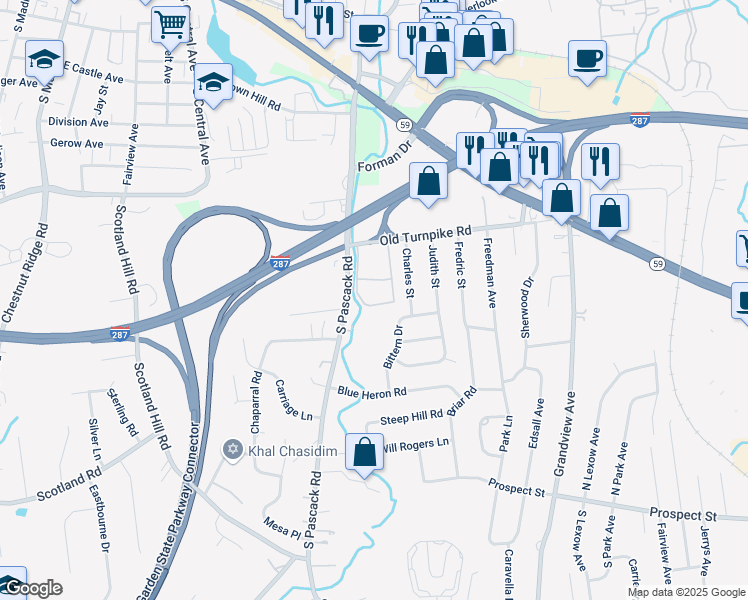 map of restaurants, bars, coffee shops, grocery stores, and more near 129 New Holland Village in Nanuet