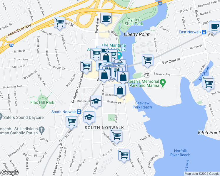 map of restaurants, bars, coffee shops, grocery stores, and more near 14 Haviland Street in Norwalk
