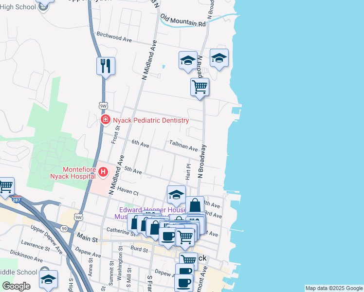 map of restaurants, bars, coffee shops, grocery stores, and more near 23 Tallman Avenue in Nyack