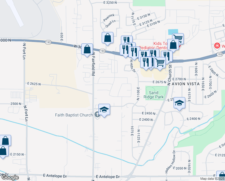 map of restaurants, bars, coffee shops, grocery stores, and more near 2626 North Airmen Avenue in Layton