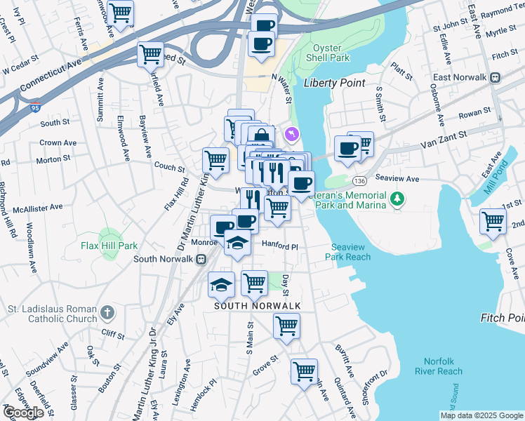 map of restaurants, bars, coffee shops, grocery stores, and more near 23 South Main Street in Norwalk