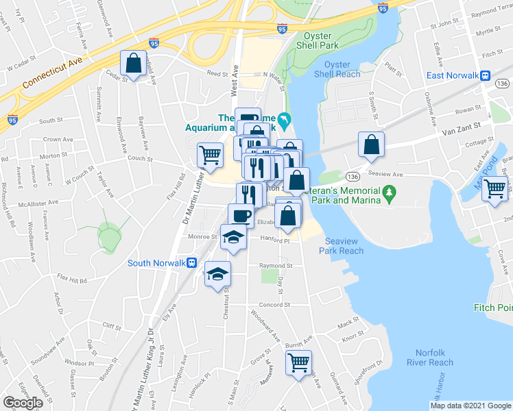 map of restaurants, bars, coffee shops, grocery stores, and more near 23 South Main Street in Norwalk
