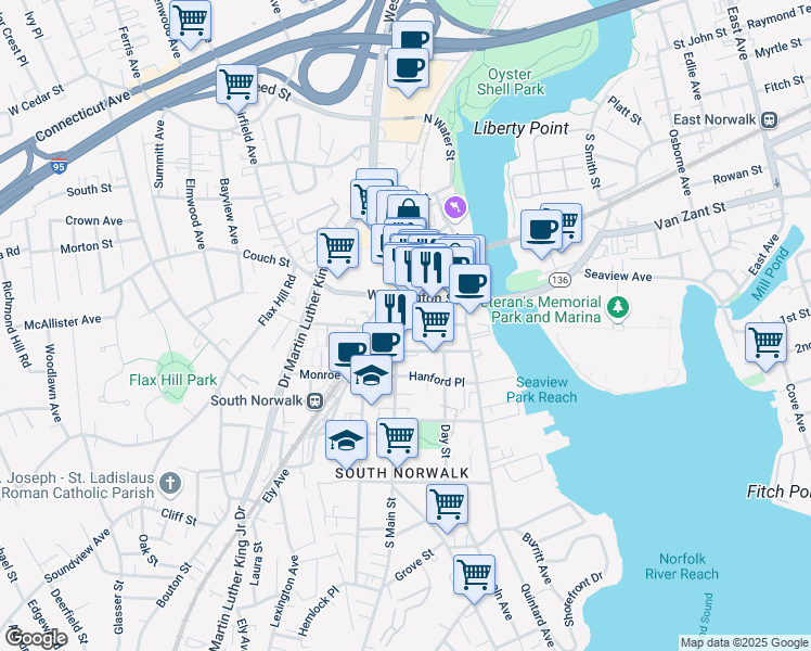 map of restaurants, bars, coffee shops, grocery stores, and more near 23 South Main Street in Norwalk