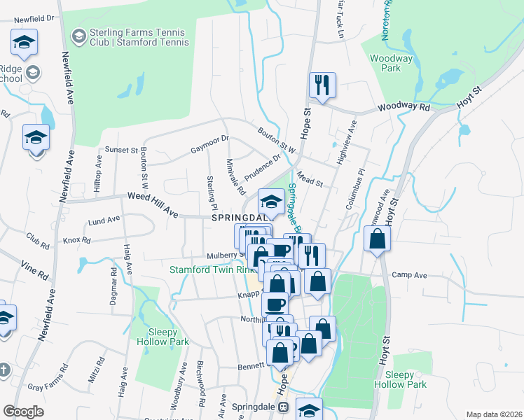 map of restaurants, bars, coffee shops, grocery stores, and more near 1185 Hope Street in Stamford