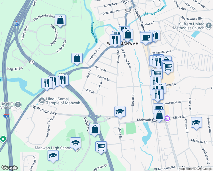 map of restaurants, bars, coffee shops, grocery stores, and more near 115 Church Street in Mahwah
