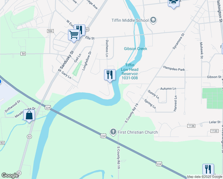 map of restaurants, bars, coffee shops, grocery stores, and more near 174 Duchess Lane in Tiffin