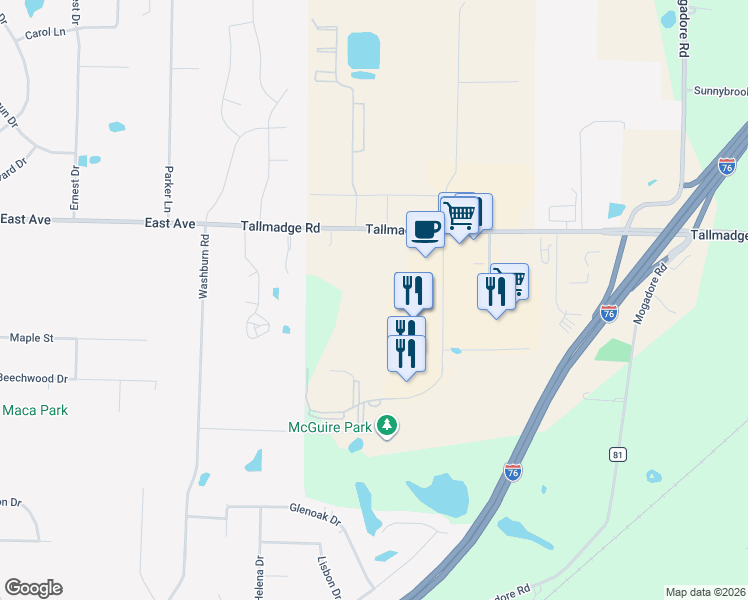 map of restaurants, bars, coffee shops, grocery stores, and more near 98 Tallmadge Road in Kent
