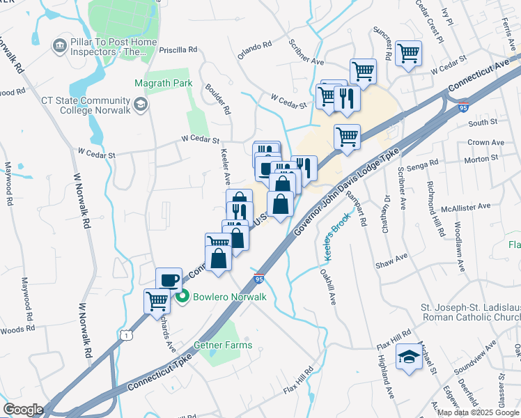 map of restaurants, bars, coffee shops, grocery stores, and more near 524 Connecticut Avenue in Norwalk