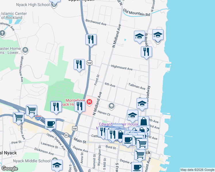map of restaurants, bars, coffee shops, grocery stores, and more near 152a 6th Avenue in Nyack