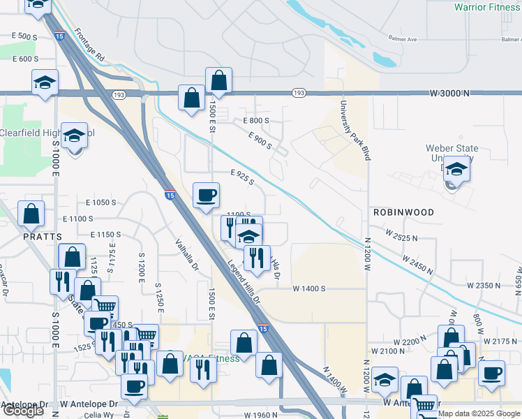 map of restaurants, bars, coffee shops, grocery stores, and more near 1090 South 1650 East in Clearfield