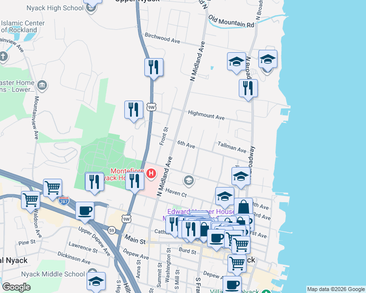 map of restaurants, bars, coffee shops, grocery stores, and more near 152a 6th Avenue in Nyack