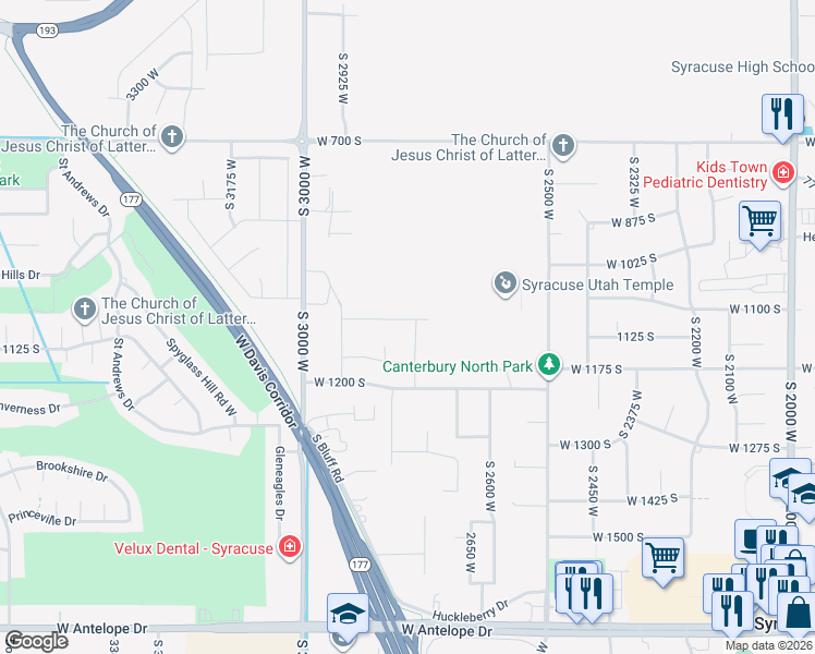 map of restaurants, bars, coffee shops, grocery stores, and more near 1092 2750 West in Syracuse