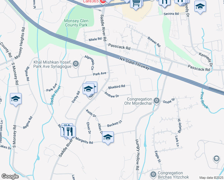 map of restaurants, bars, coffee shops, grocery stores, and more near 1 Bluebird Road in Monsey